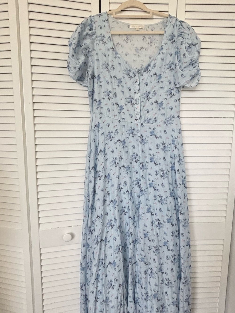 LoveShackFancy Pale Blue Floral Puff-Sleeve Maxi Dress